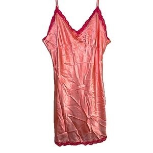 peachy pink satin lace slip dress